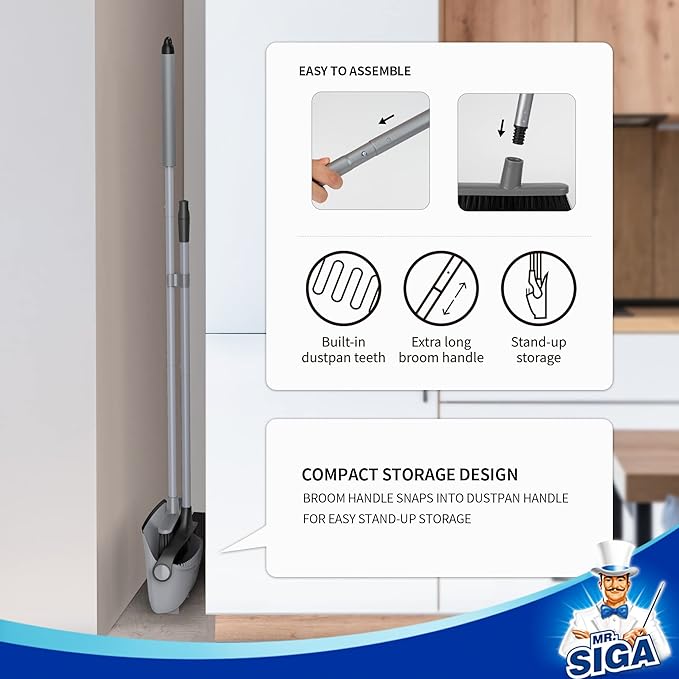 MR.SIGA Broom and Dustpan Set with Adjustable Long Handle Upright Combo for Floor Cleaning Lobby Gray