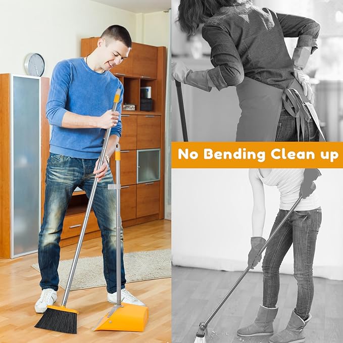 Broom and Dustpan Set with Long Handle 52 Standing Broom and Dust Pan Set for Home Kitchen Room Office Lobby Yellow
