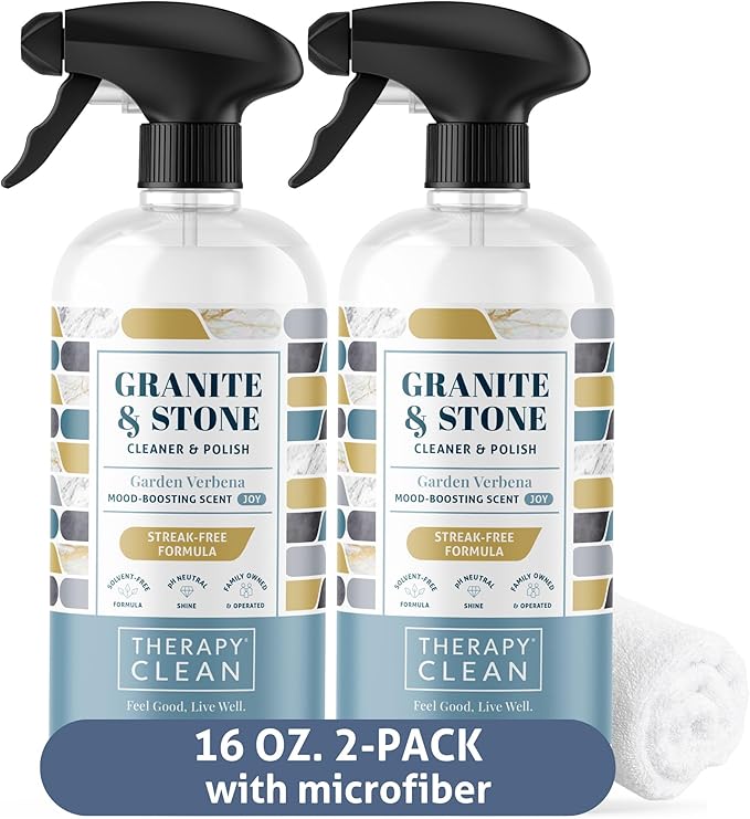 Therapy Granite Countertop Cleaner &amp Polish (2 Pack - With Microfiber) - pH Neutral Marble Cleaner Soapstone Quartz Stone Quartzite Slate Limestone Corian Laminate