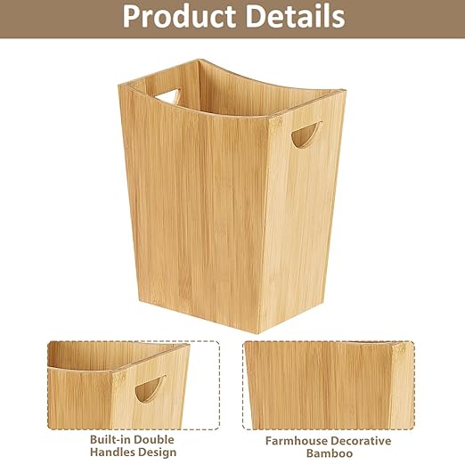 SEHERTIWY Wood Trash Can Wastebasket 2 Gallon Small Waste Basket with 2 Handles Rectangular Bathroom Garbage Can for Bathroom Office Living Room Bedroom Kitchen