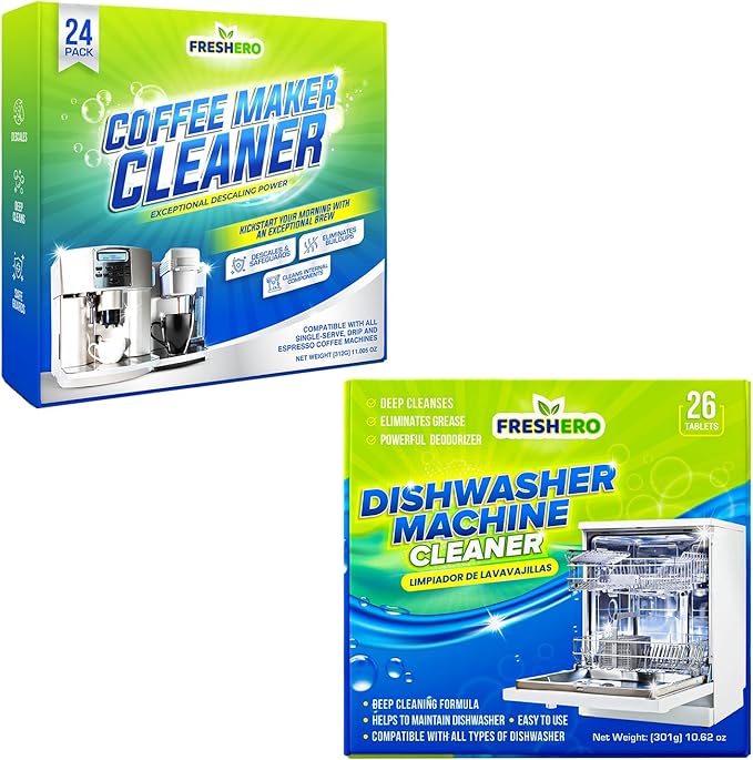 Dishwasher Cleaner &amp deodorizer Tablets 26-Pack and Coffee Machine Descaler Cleaner Tablets 24-Pack Removes hard water and Limescale Compatible with All Coffee Makers and Dishwashers