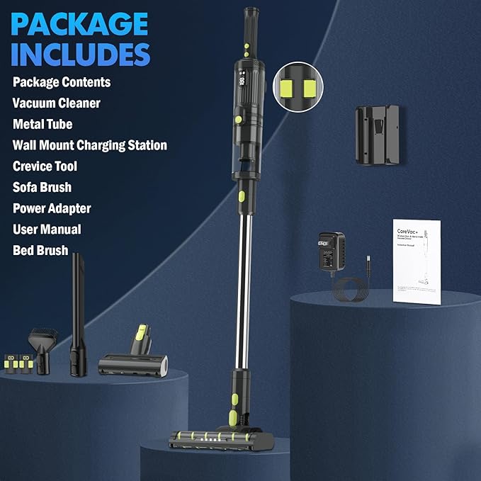 CareVac+ Cordless Stick Vacuum 2 x 2500mAh Batteries for 60 Mins Runtime 20kPa Brushless Motor Wall-Mount &amp Direct Charging Lightweight 2.16lbs for Carpets Hard Floors and Pet Hair