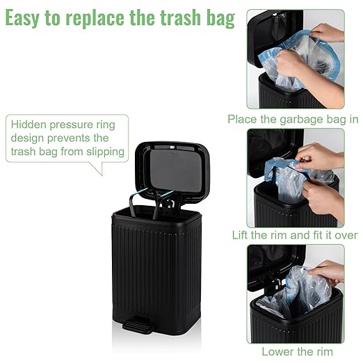 rejomiik Small Bathroom Trash Can with Lid 2.1 Gallon Soft Close Step Slim Garbage Can Waste Bin for Office Bedroom Kitchen Black