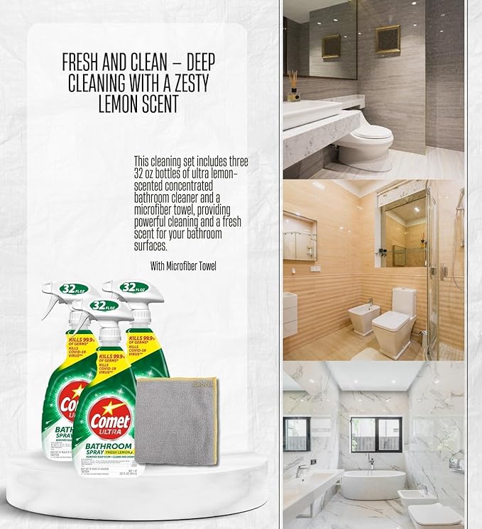 Comet Ultra Lemon Scent Concentrated Bathroom Cleaner Spray 32 oz (3-Pack) Bundle with Microfiber Cleaning Cloth – Dissolves Soap Scum Disinfects and Cleans Stains – Gift Set (4 Items)