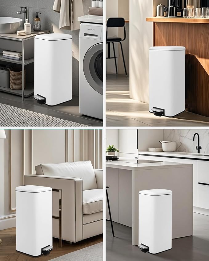 8 Gallon Trash Can with Lid White Kitchen Trash Can with Soft Close Inner Bucket &amp Steel Pedal Stainless Steel Garbage Can for Kitchen Laundry Room Office Bathroom Dorm 30 Liters