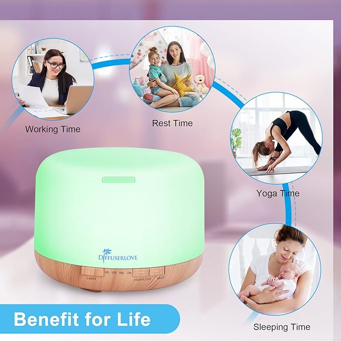 Diffuserlove Diffuser Essential Oil Diffusers 500ML Remote Control Aroma Diffuser Cool Mist Aromatherapy Diffuser with Mute Design Timer and Auto Shut-Off for Office Living Room Yellow