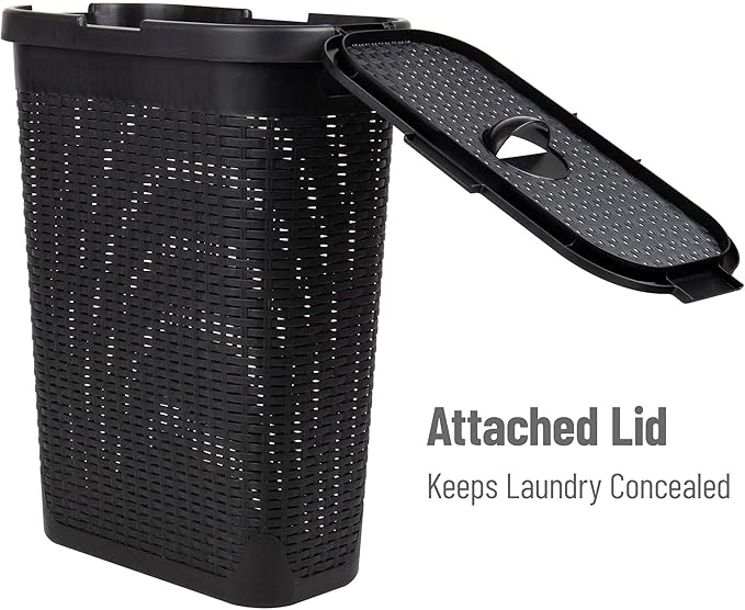 Mind Reader Slim Laundry Hamper with Lid 40L Clothes Basket Narrow Tapered Design with Ventilated Cutout Pattern Plastic Set of 2 Black