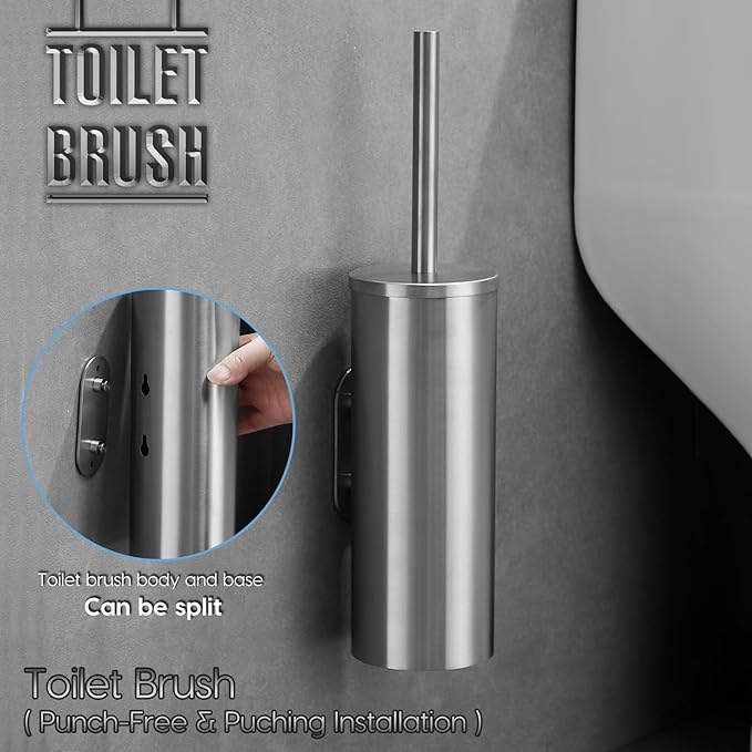Brushed Stainless Steel Toilet Brush and Cover No-Punch Hook Base Dual Purpose Toilet Brush Holder with Removable Inner Bucket and Splash Cover - Soft Bristles (Brushed)