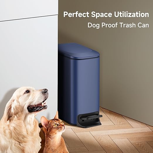 TIPGO Slim Bathroom Trash Can with Lid Soft Close Step Pedal 6 Liter / 1.6 Gallon Stainless Steel Trash Bin Small Garbage Can for Bedroom Office Kitchen (Navy Blue)