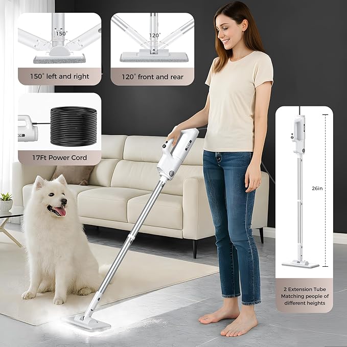 YKYI Steam Mop Detachable 10 in 1 Multipurpose Steamer with 11 Attachments Handheld Steam Cleaner for Home Hardwood Floors Laminate Marble Tile Grout Carpet Windows Cleaning (Light White)