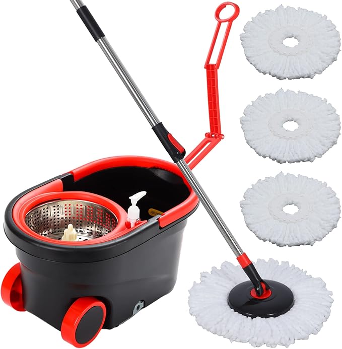 Spin Mop and Bucket with Wringer Set on Wheels 360° Spinning Mop Bucket System with 3 Microfiber Mop Replacement Heads and 61 Stainless Steel Adjustable Handle for Floor Cleaning (25QT)
