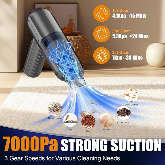 7000Pa Mini Vacuum Cleaner: Handheld Vacuum &amp Electronics Duster &amp Hand Pump Cordless Keyboard Vac 3-Gear Compressed Air Blower for Computer Sewing Machine Laptop Car Home Office