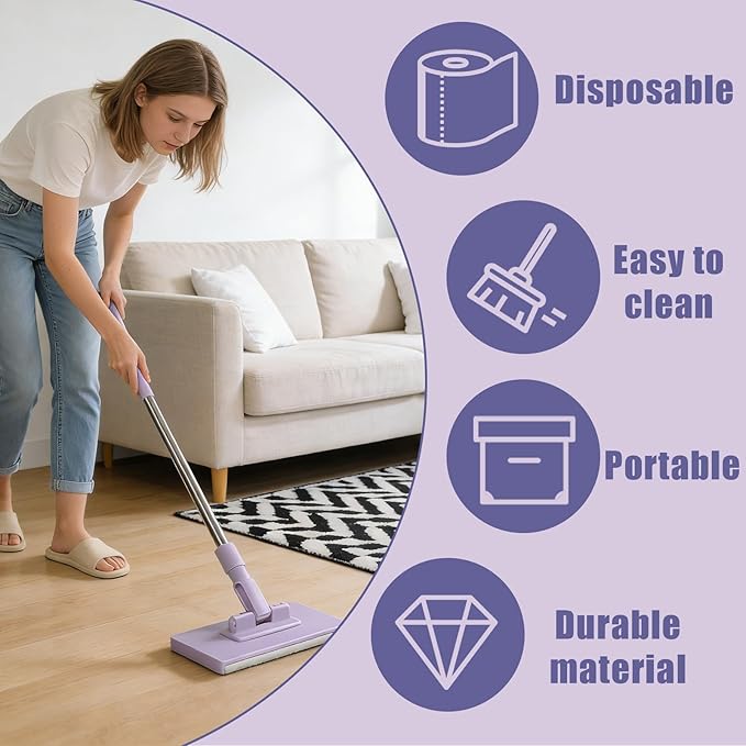 Snap Grip Mini Mop Zero Touch Mini Mops Lazy Mops with Locking Head &amp 5 Reusable Cloths Wash-Free Mini Mop for Dry and Wet Use Long Handle Stick for Multi-Surface Cleaning (Purple)