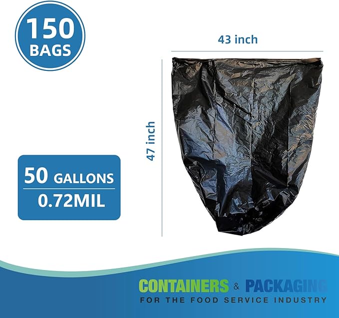 50 Gallons Trash Bags 150 Bags Extra Large 47 x 43 Inch Strong Tall Black Garbage Bags 0.72 Millimeter 6 Rolls Thickened Waste Bags Ideal for Home Kitchen Restaurant Office Garden