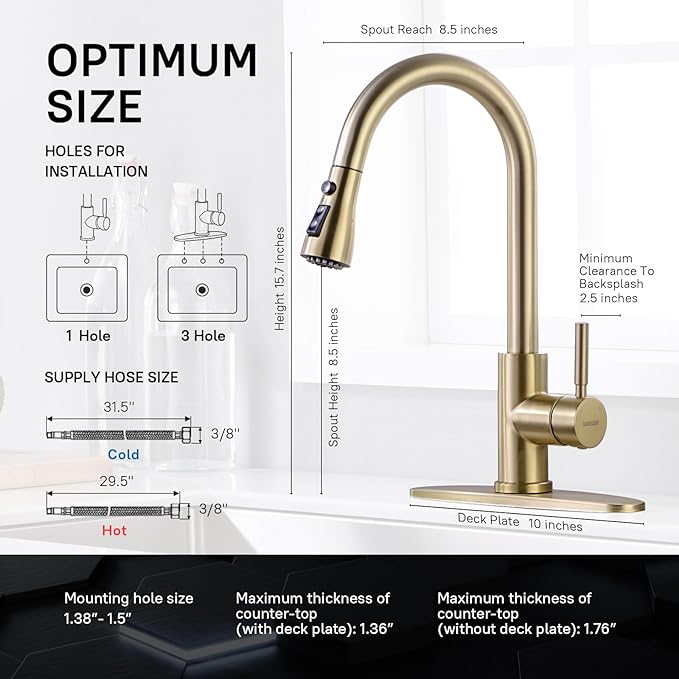 WEWE Gold Kitchen Faucet with Pull Down Sprayer Single Handle Brushed Gold Kitchen Sink Faucets Stainless Steel Brass Copper Commercial RV 1 or 3 Hole Champagne Bronze