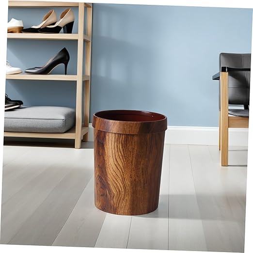 Healifty Vintage Style Plastic Wood Pattern Garbage Bin with Pressure Ring Wastebasket for Home Bedroom Bathroom and Office Space Saving Creative Container Design