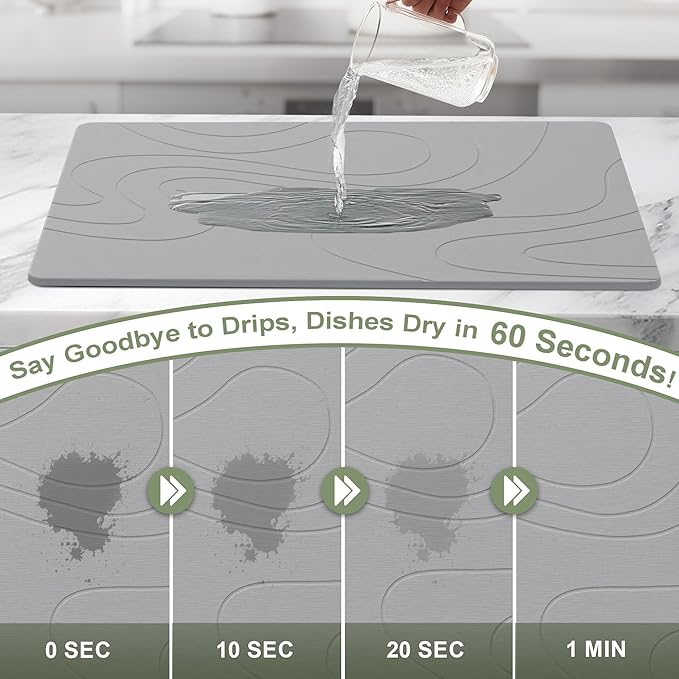 Large Stone Drying Mat for Kitchen Counter 24 × 16 Diatomite Dish Drying Mat Quick Dry Stone Mats Ultra Absorbent Natural Diatomaceous Earth Mats for Dished Bottles Dark Grey