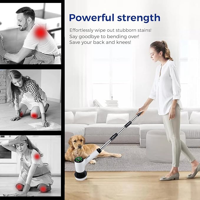 Electric Spin Scrubber Cordless Power Cleaning Brush with 8 Replaceable Heads 2 Adjustable Speeds LED Display &amp Long Handle Ideal for Bathroom Tub Tile Floor Car Cleaning