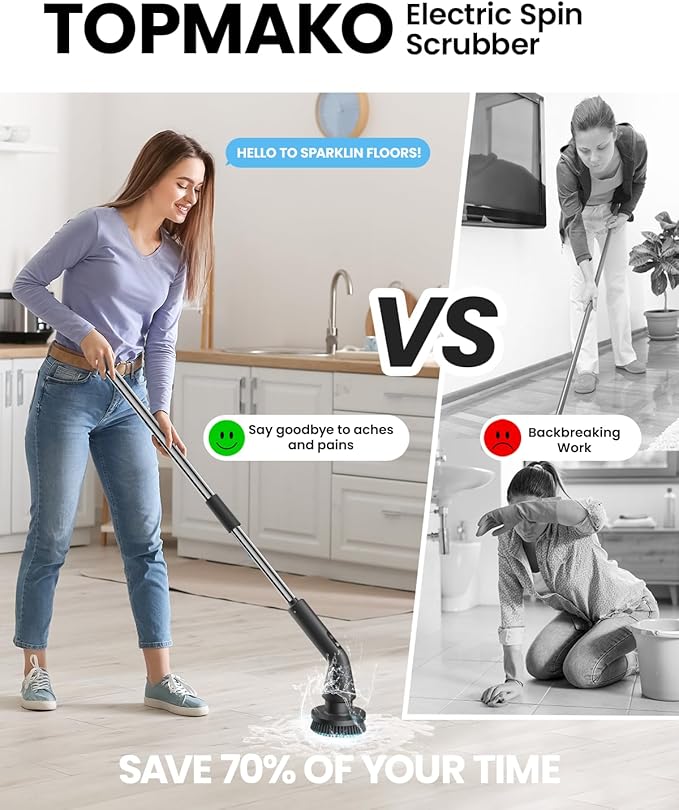 Electric Spin Scrubber Upgraded IPX7 Cordless Cleaning Brush for Bathroom Shower Household Cleaning Scrubber with 7 Brush Heads Adjustable Long Handle and 2 Rotating Speeds for Tub Floor
