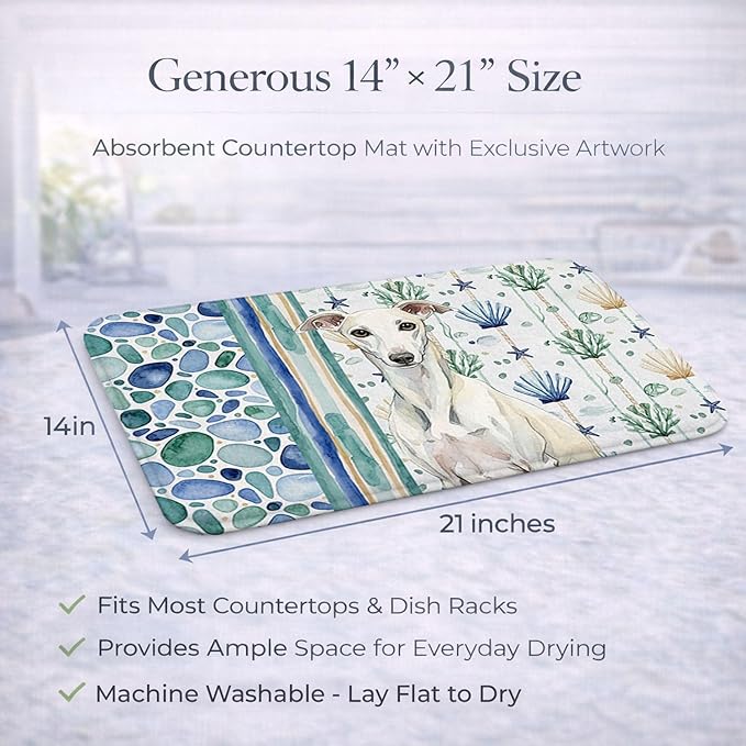 Caroline's Treasures White Whippet Coastal Sea Glass Dish Drying Mat Absorbent Dish Drying Mat Pad for Kitchen Counter Dish Drainer Mat for Countertop 14 x 21 Multicolor