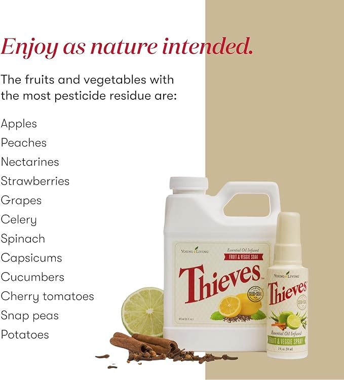 Young Living Thieves Fruit &amp Veggie Soak 16 fl oz | Natural Home Care Cleanser | Gently Cleansing | Plant-Based | Infused with Water Decyl Glucoside Citric Acid &amp Sodium Citrate