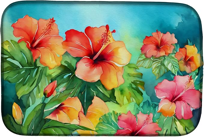 Caroline's Treasures DAC1642DDM Hawaii Hawaiian Hibiscus in Watercolor Dish Drying Mat Absorbent Dish Drying Mat Pad for Kitchen Counter Dish Drainer Mat for Countertop 14 x 21 Multicolor