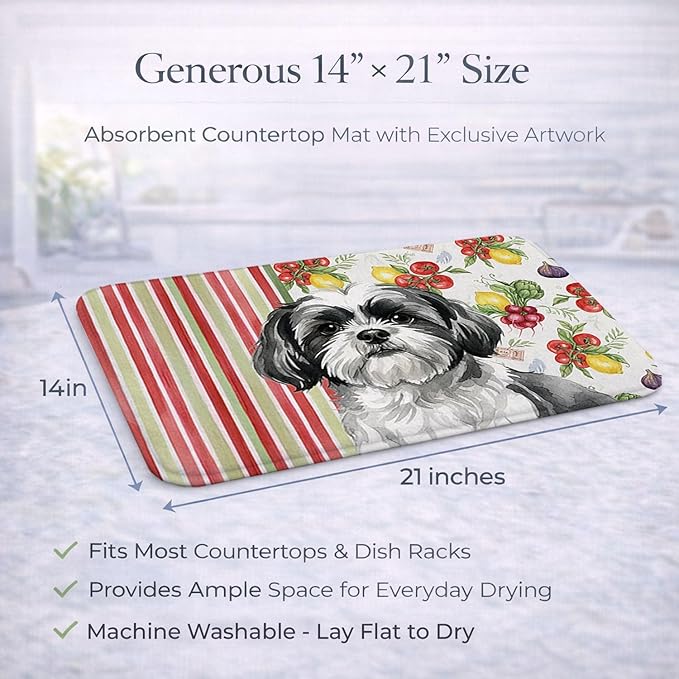 Caroline's Treasures Black and White Shih Tzu Vegetables Dish Drying Mat Absorbent Dish Drying Mat Pad for Kitchen Counter Dish Drainer Mat for Countertop 14 x 21 Multicolor