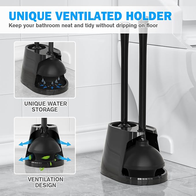 Toilet Plunger and Brush Set 2 Pack Bowl Brush and Heavy Duty Toilet Plunger with Ventilated Holder 2-in-1 Toilet Brush and Plunger Combo for 5.3-inch Toilet Drain Bathroom Deeply Cleaning(Black)