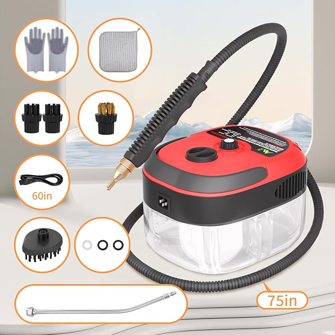 Handheld Pressurized Steam Cleaner2500W Handheld High Temp Portable Cleaning Machine Cleaning for Couch Auto Floor and More (Red)