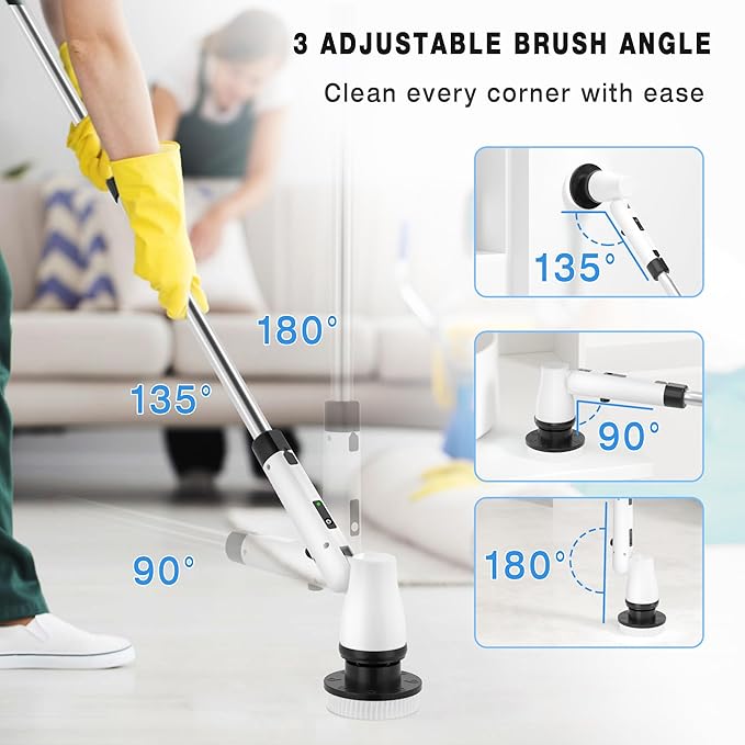 Electric Spin Scrubber Cordless Cleaning Brush with 7 Replaceable Brush Heads &amp Adjustable Extension Handle 2 Speed Power Shower Scrubber for Bathroom Tub Tile Floor (White)
