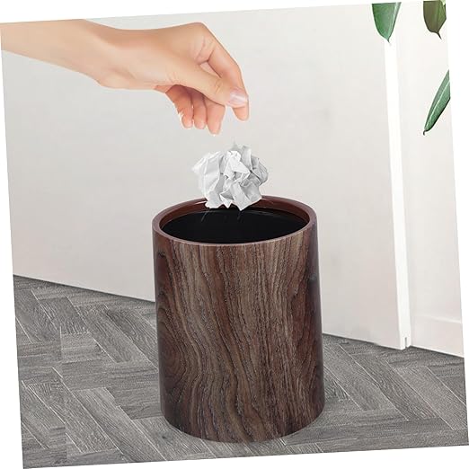 Uonlytech Imitation Wood Grain Trash Can No Lid Plastic Waste Basket Lightweight Bathroom Kitchen Indoor Garbage Bin with Elegant Vintage Design