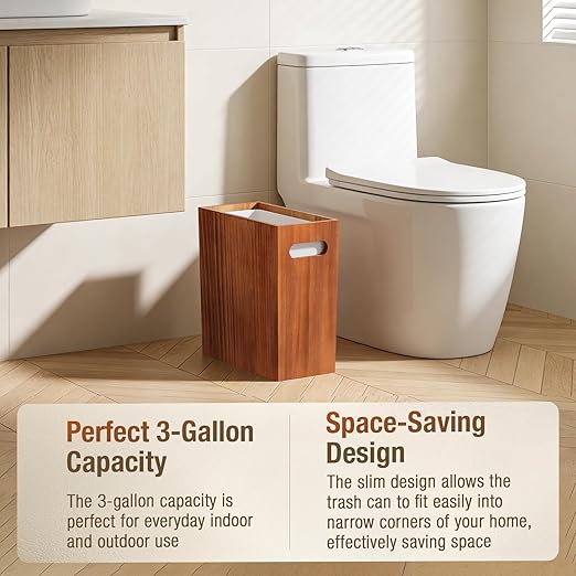3 Gallon Wood Trash Can Solid Wooden Trash Can with Plastic Liner Handmade Slim Small Trash Can with Handle Fits Narrow Spaces Decorative Wastebasket for Bathroom Bedroom Office Kitchen