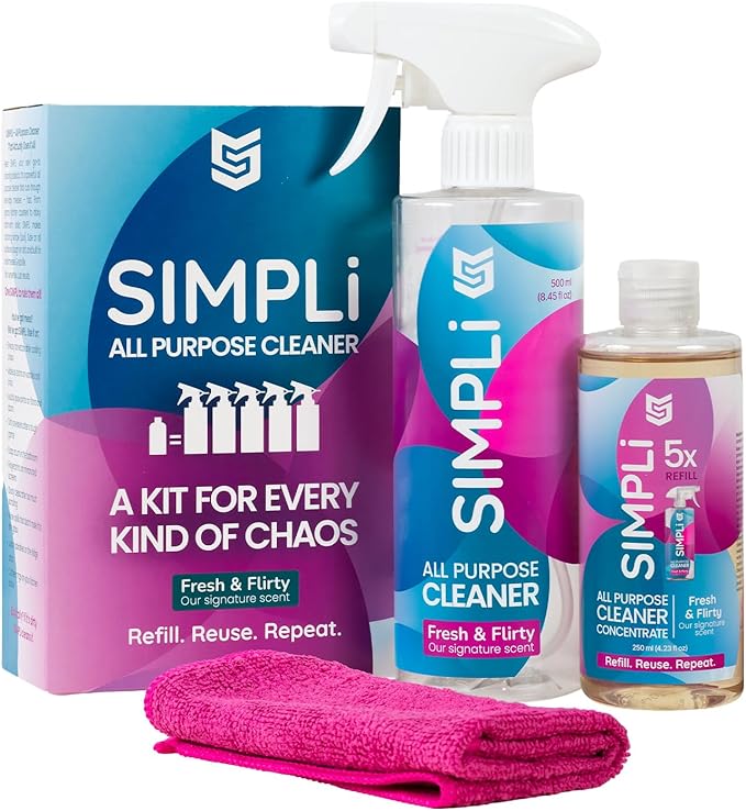 SIMPLi All Purpose Cleaner Starter Kit – Multipurpose Cleaner Concentrate Refill 8.45 fl oz Makes 85 fl oz + Reusable Spray Bottle 17 fl oz – Surface Cleaner for Kitchen Bathroom Glass Floor