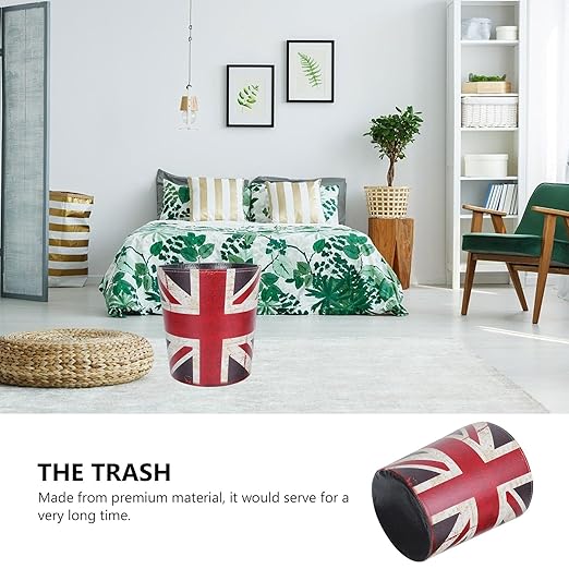VALICLUD European Style Leather Wastebasket with Union Jack Pattern Large Household Trash Can Open Top Decorative Garbage Bin for Office and Home Storage