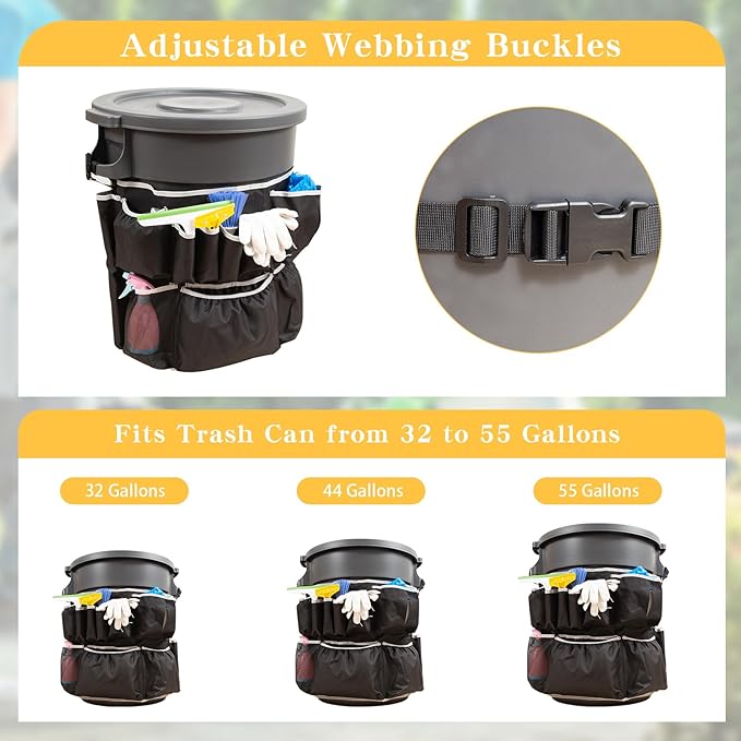 Trash Can Caddy BagCleaning Caddy Bag for 32-55 Garbage Bags HolderRound Trash Bags HolderCleaning Tool Organizer for 13 PocketsCleaning for Cleaning Supplies