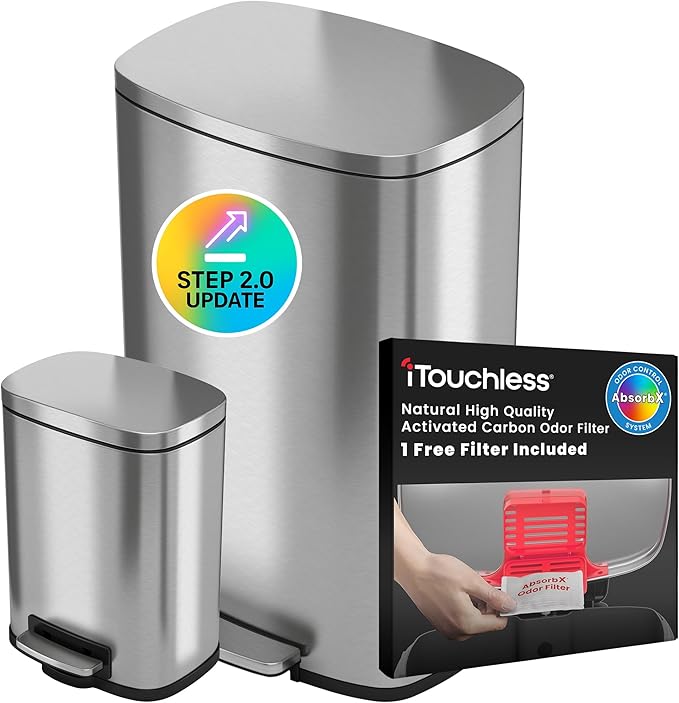 iTouchless Step 2.0 Technology SoftStep Combo Trash Can Set 13.2 &amp 1.32 Gallon Stainless Steel Bins with AbsorbX Odor Filters and Inner Buckets for Kitchen Bathroom Home Office Store Garage Schoo