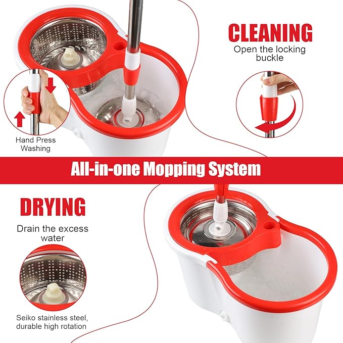 Spin Mop and Bucket with Wringer Set 360° Spinning Mop Bucket System with 6 Microfiber Mop Replacement Heads and 61 Stainless Steel Adjustable Handle for Floor Cleaning (20QT)