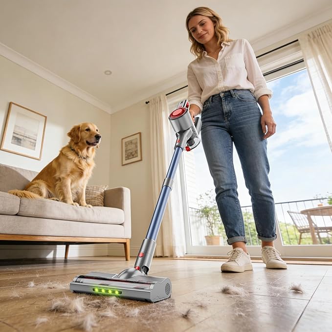 Cordless Vacuum Cleaner for Home Powerful Stick Vacuum with Rechargeable Battery Green Light Anti-Tangle Brush 6-in-1 Lightweight Handheld Vacuum for Pet Hair Hard Floor Carpet Red