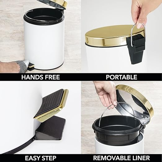 mDesign Pedal Bin — Metal Waste Bin with Pedal Lid and Plastic Bucket Insert — Perfect for Bathroom Kitchen and Office — Household Rubbish Bin with Ergonomic Design — White/Gold
