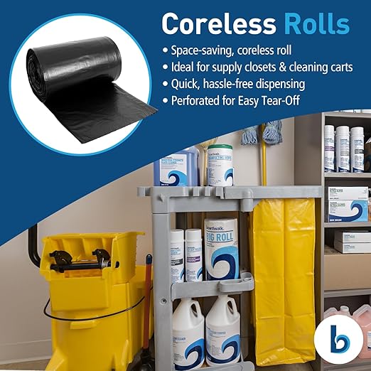 Boardwalk Recycled Resin Black Can Liners for Garbage Cans | 60 Gallon Waste Capacity | 1.2 mil 38x58 Inch Heavy Duty Trash Bags with Star-Sealed Bottom Design | Coreless 50-Bag Roll
