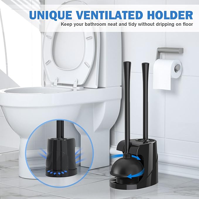 Toilet Plunger and Brush Bowl Brush and Heavy Duty Toilet Plunger Set with Ventilated Holder 2-in-1 Bathroom Cleaning Combo with Modern Caddy Stand for 5.7-inch Toilet Drain(Black 2 Set)