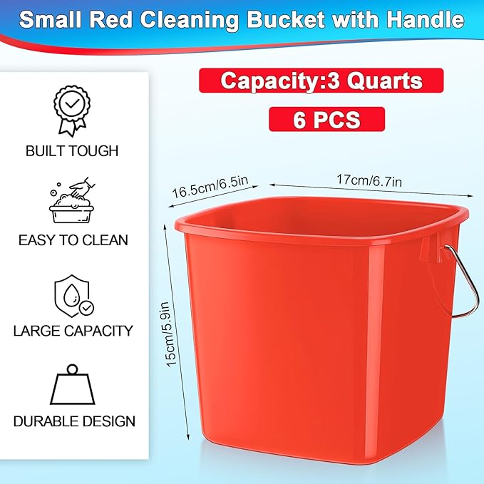 Zhehao 6 Pcs 3 Quart Bucket for Cleaning Small Sanitizer Bucket for Restaurant Square Plastic Pail with Handles for Home Offices Commercial Use Food Service(Red)