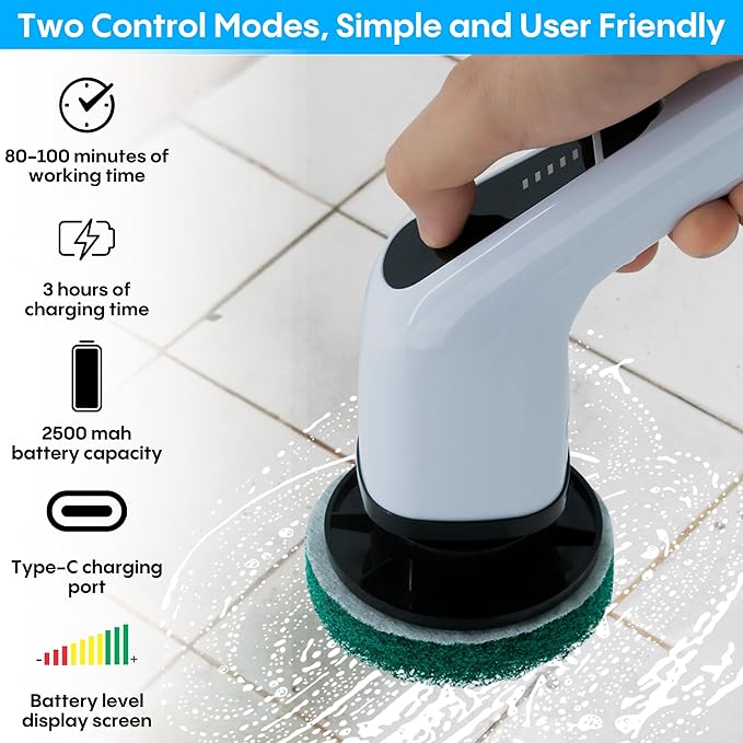 Generic Befrima Electric Spin Scrubber 7 in 1 - Waterproof Electric Cleaning Brush Cordless Shower Scrubber with Adjustable Handle Electric Spin Scrubber 360° and Dual Speed for Cleaning Bathroom