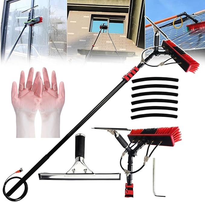 Water Fed Telescopic Brush Window Clean Extendable Cleaner Water Fed Extendable Brush Come with Rubber Gloves for Cars Vans Trucks Boats9m/30ft