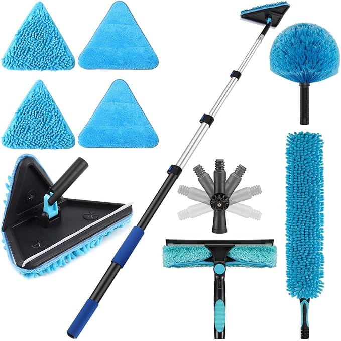 25 Foot Painted Wall Cleaner Mop with 18 Ft Heavy Duty Extension Pole 3-in-1 High Ceiling Cleaning Tool with 4 Microfiber Chenille Pad Cobweb Duster Fan Baseboard Window Squeegee Kit (18ft)