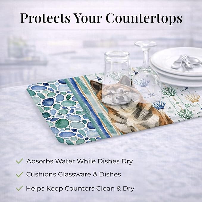Caroline's Treasures Brindle Akita Coastal Sea Glass Dish Drying Mat Absorbent Dish Drying Mat Pad for Kitchen Counter Dish Drainer Mat for Countertop 14 x 21 Multicolor