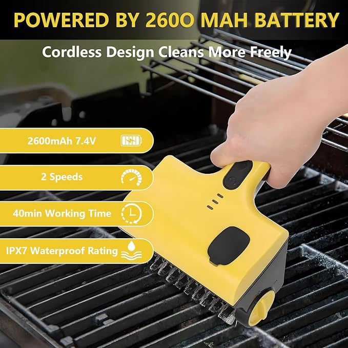 Grill Cleaner 2600mAh Grill Clean Brush with 2 12.4cm Detachable Brush Heads 360° Rotating Cleaning One-Touch Water Spray 2 Speed Adjustment for Grill Kitchen Room Bathroom