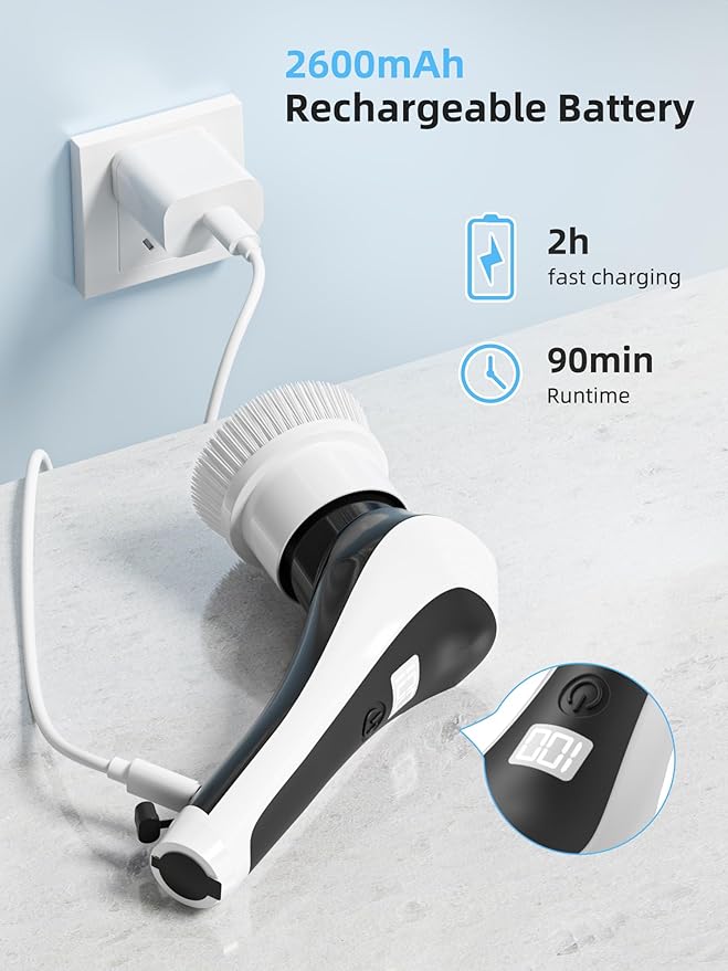 Electric Spin ScrubberCordless Shower Scrubber with Power Display ScreenIP68 Waterproof Bath Cleaning BrushAdjustable Extension Handle &amp 2 SpeedsElectric Cleaning Brush for BathroomKitchenTu