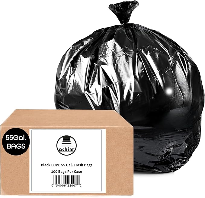Large Trash Bags Black LDPE (55 Gallon) - 100 Count Heavy-Duty Kitchen Garbage Bags - 55 Gal Unscented Yard Trash Bags - Indoor &amp Outdoor Waste Trash Can Liners for Home &amp Office by Achim Hom