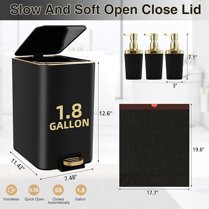 Small Bathroom Trash Can with Lid Soft Close 1.8 Gallon Stainless Steel Garbage Can with Removable Inner Bucket3PCS Soap Dispenser75Count Trash Bag Slim Step Pedal Trash Bins